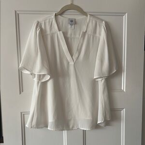 Cabi Ivory Flutter Sleeve Blouse with Mandarin Collar